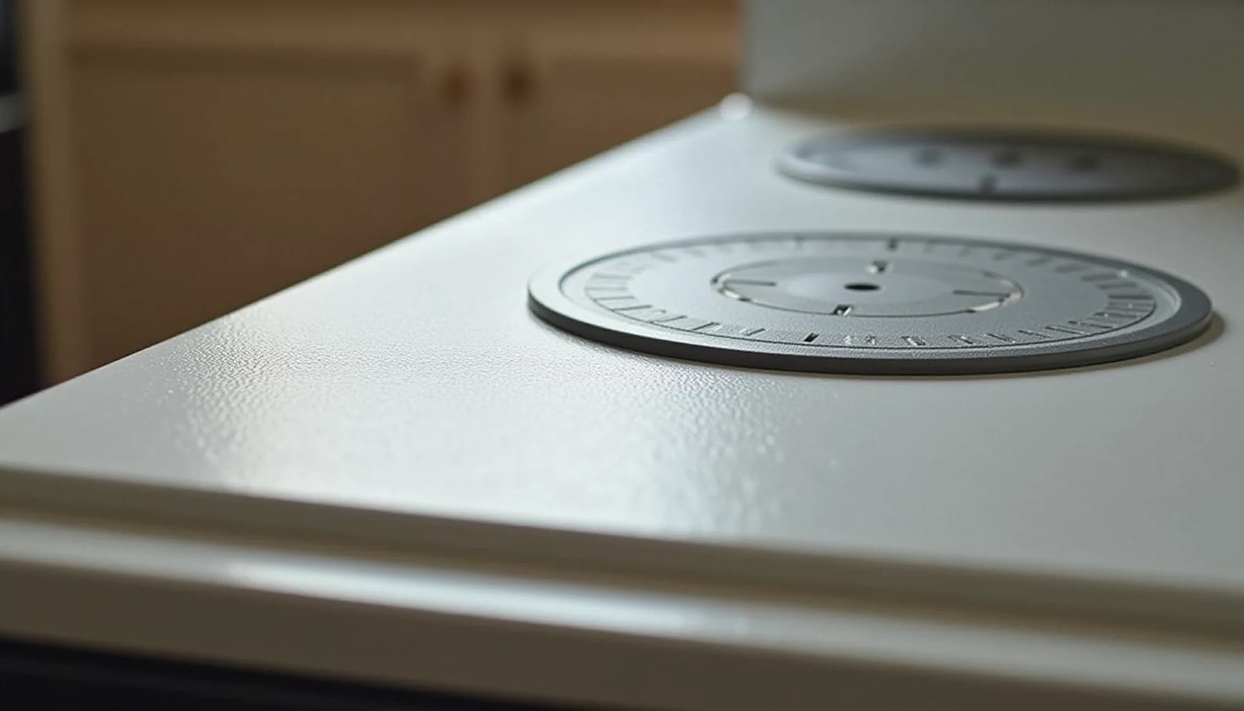 white cooktop surface with circular metal control dials and knobs, beige cabinets blurred in background