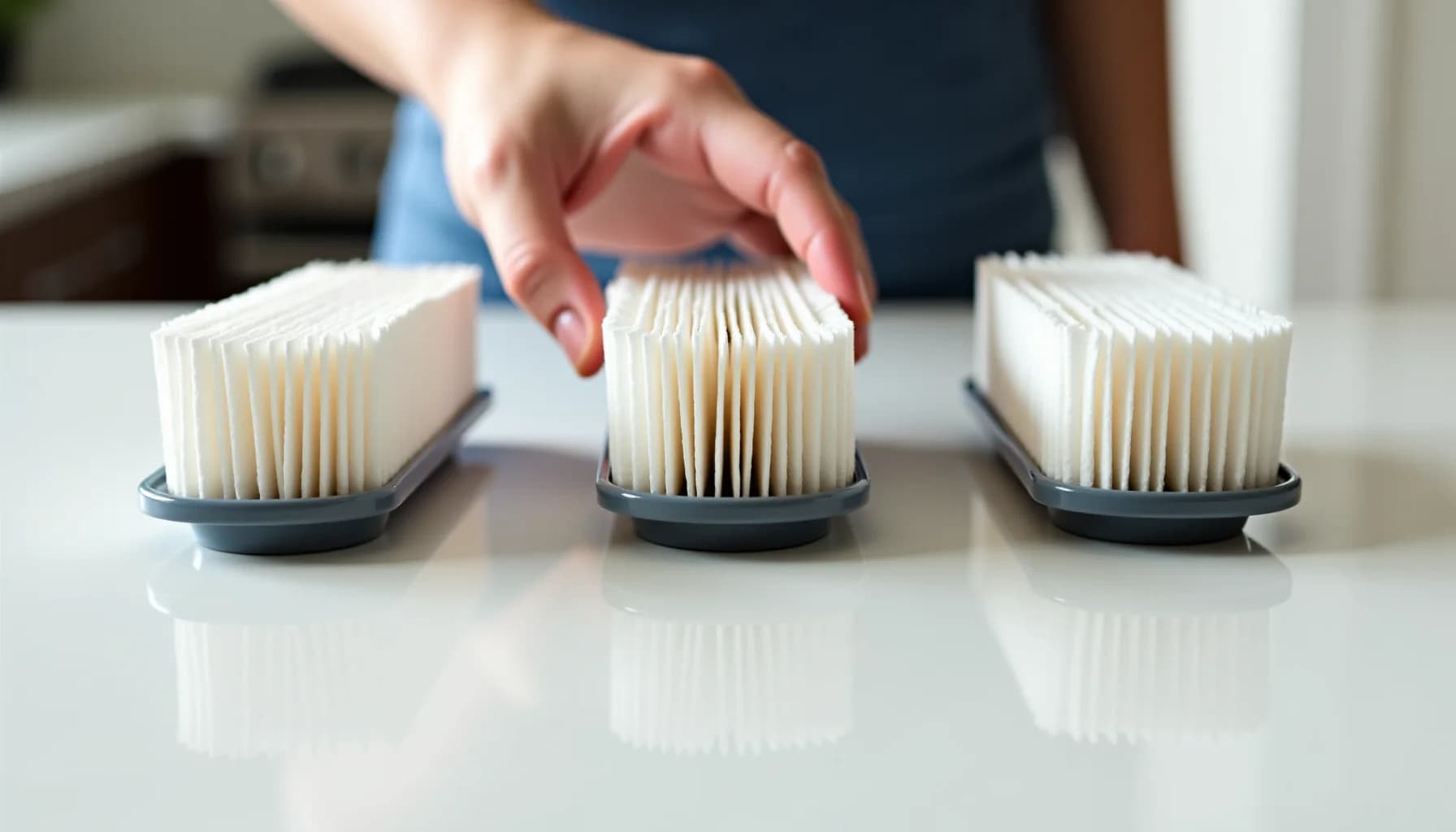 Person's hand touching the middle of three white pleated air filter cartridges with dark bases arranged on a white
