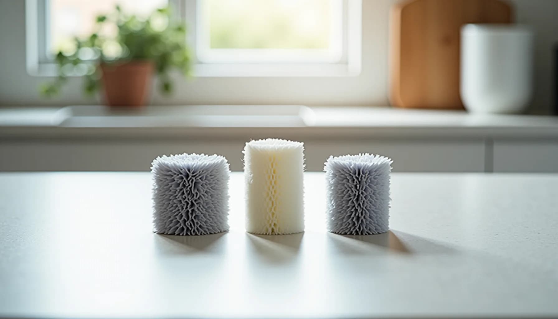 Three cylindrical cleaning filters arranged on a white countertop—two gray bristled and one cream-colored center—with a