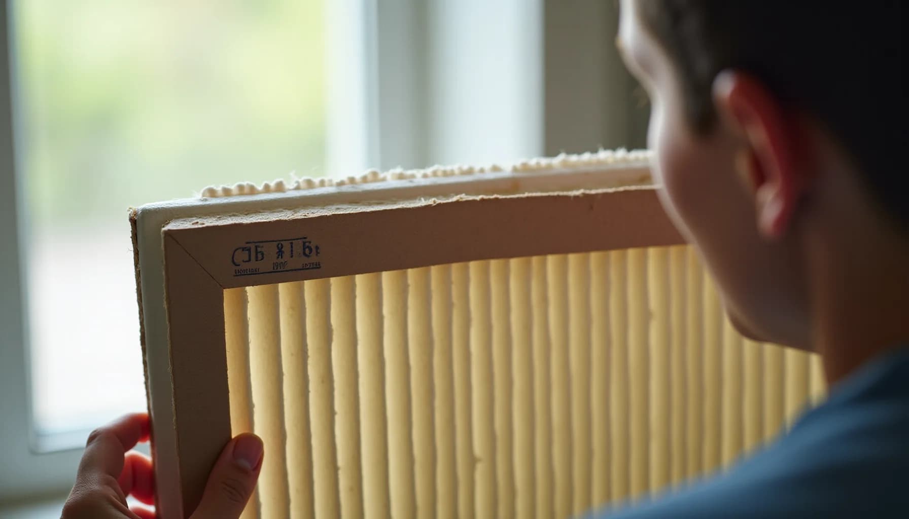 Person holding and examining a pleated air filter box with labeling, shown in front of a window with soft natural light