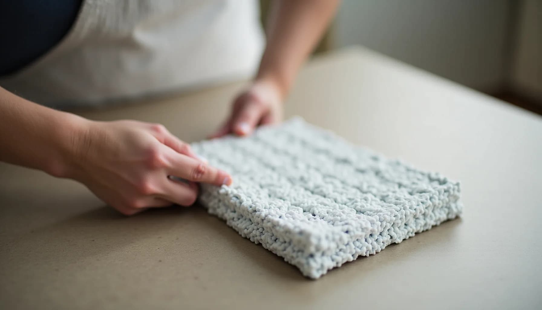 Two hands touching a white textured filter material on a beige surface, with another person visible in soft focus in