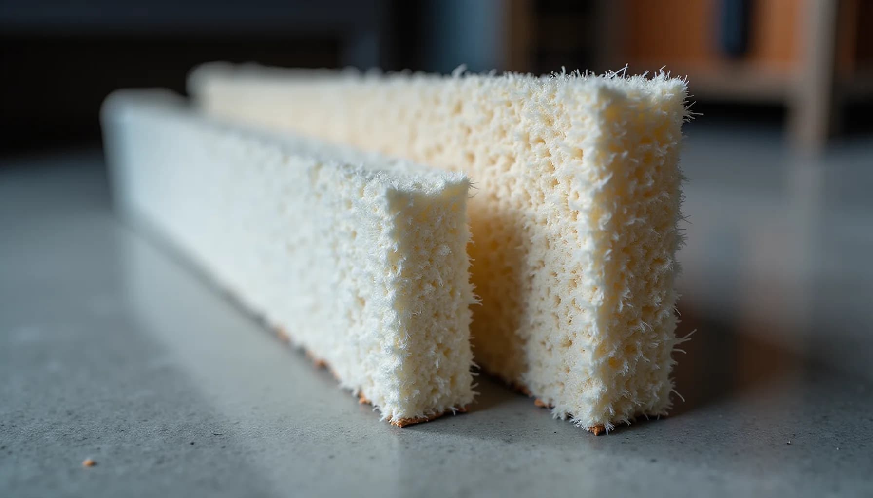 white foam filter slices showing porous texture on a grey surface with blurred interior background