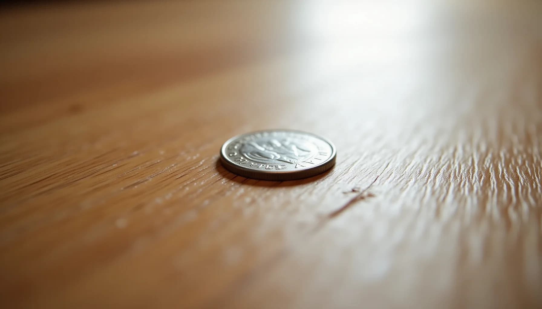 A silver coin rests on a light wood floor with visible grain texture and planks