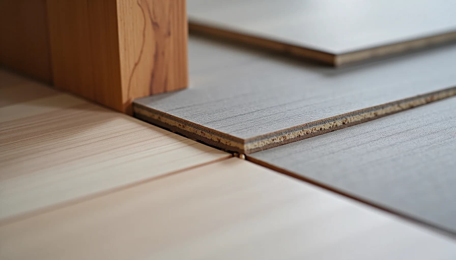 Wooden block positioned on light laminate flooring next to gray tile samples with dark trim edges