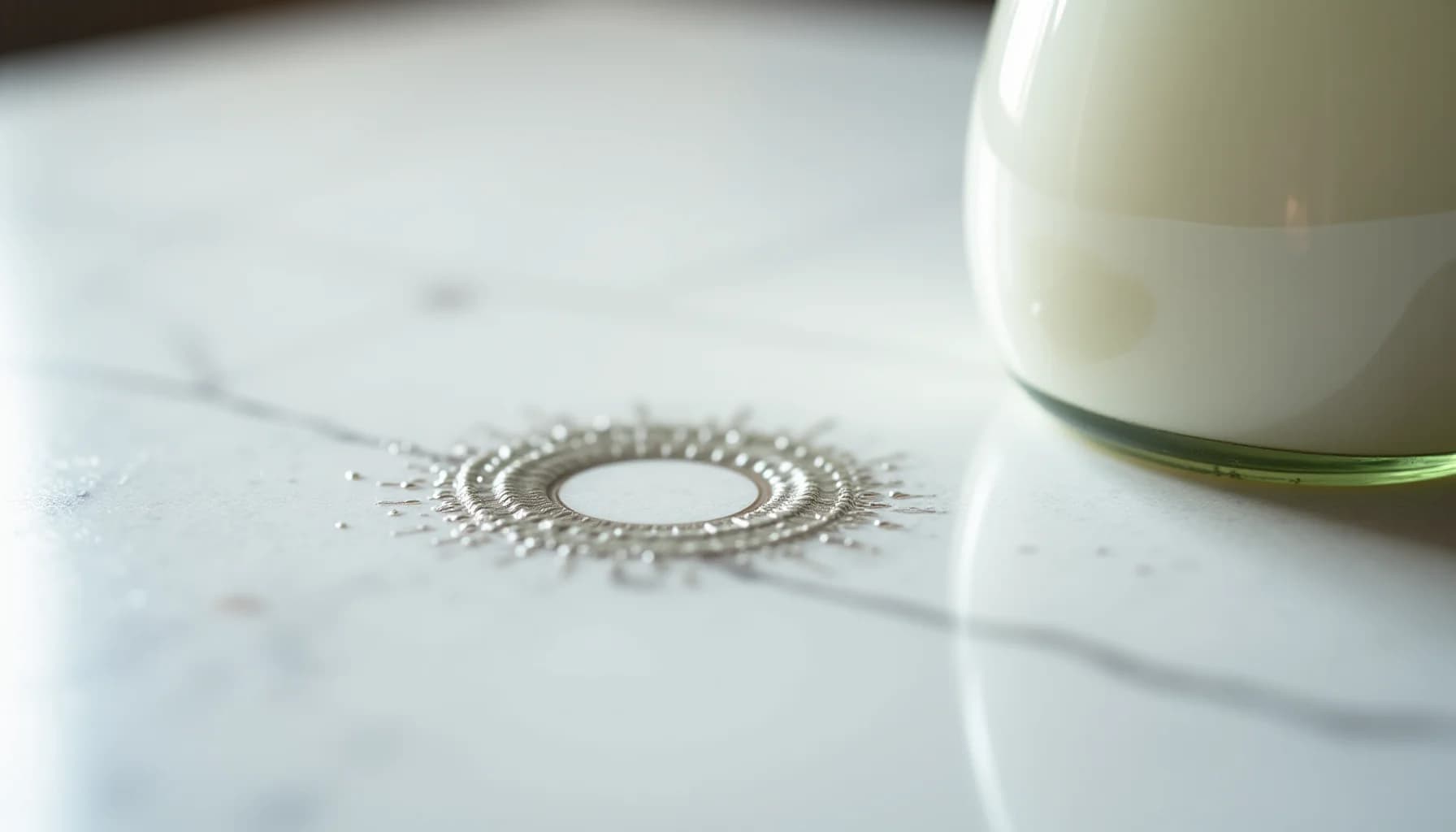 Silver ornamental ring with radiating beaded pattern on light marble surface next to white candle with green band