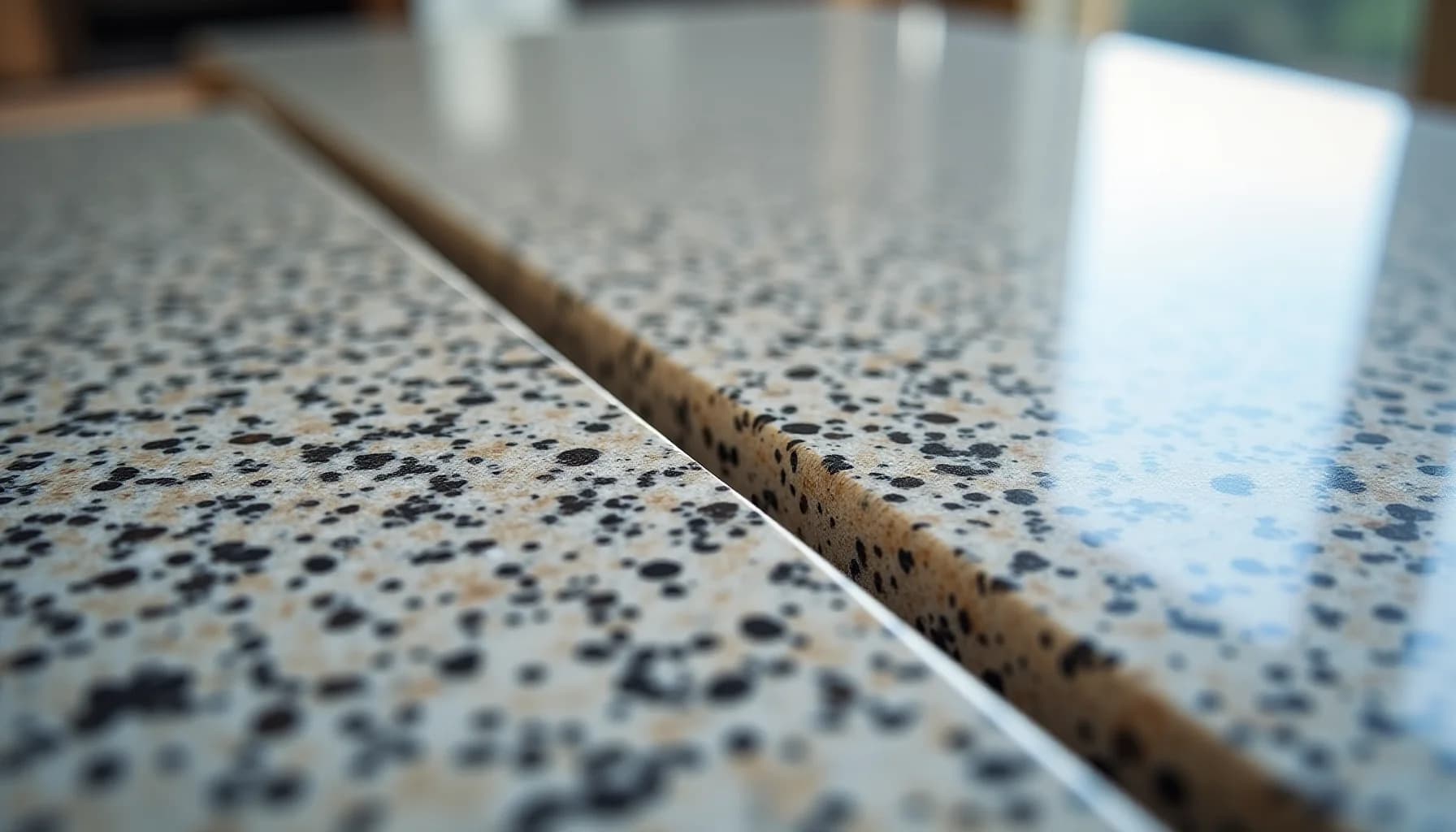 a speckled gray stone countertop with black and tan flecks, metal trim edge, and blurred white containers in background