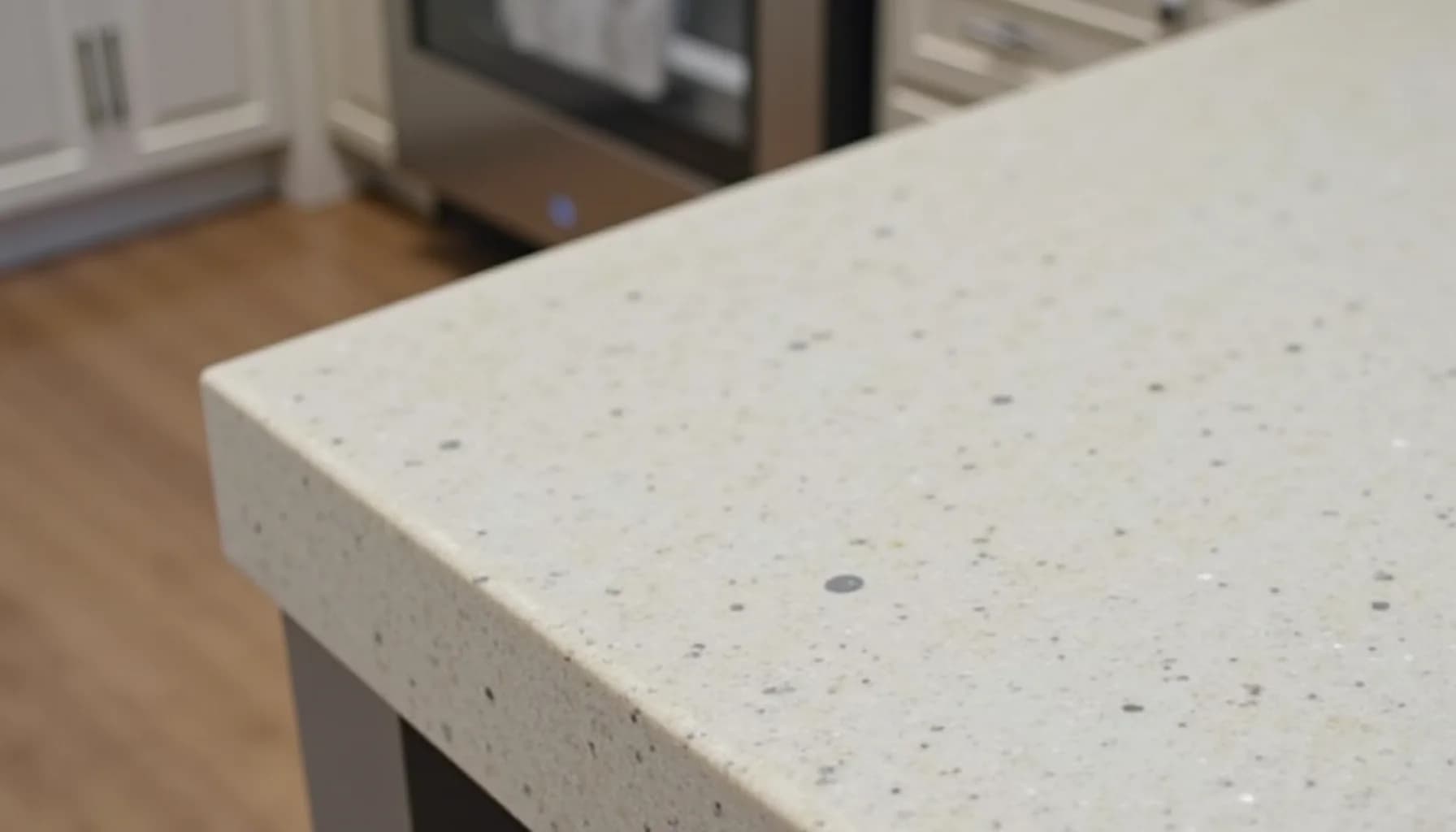 a white speckled quartz countertop with black and gray flecks, kitchen cabinets and appliances visible in background