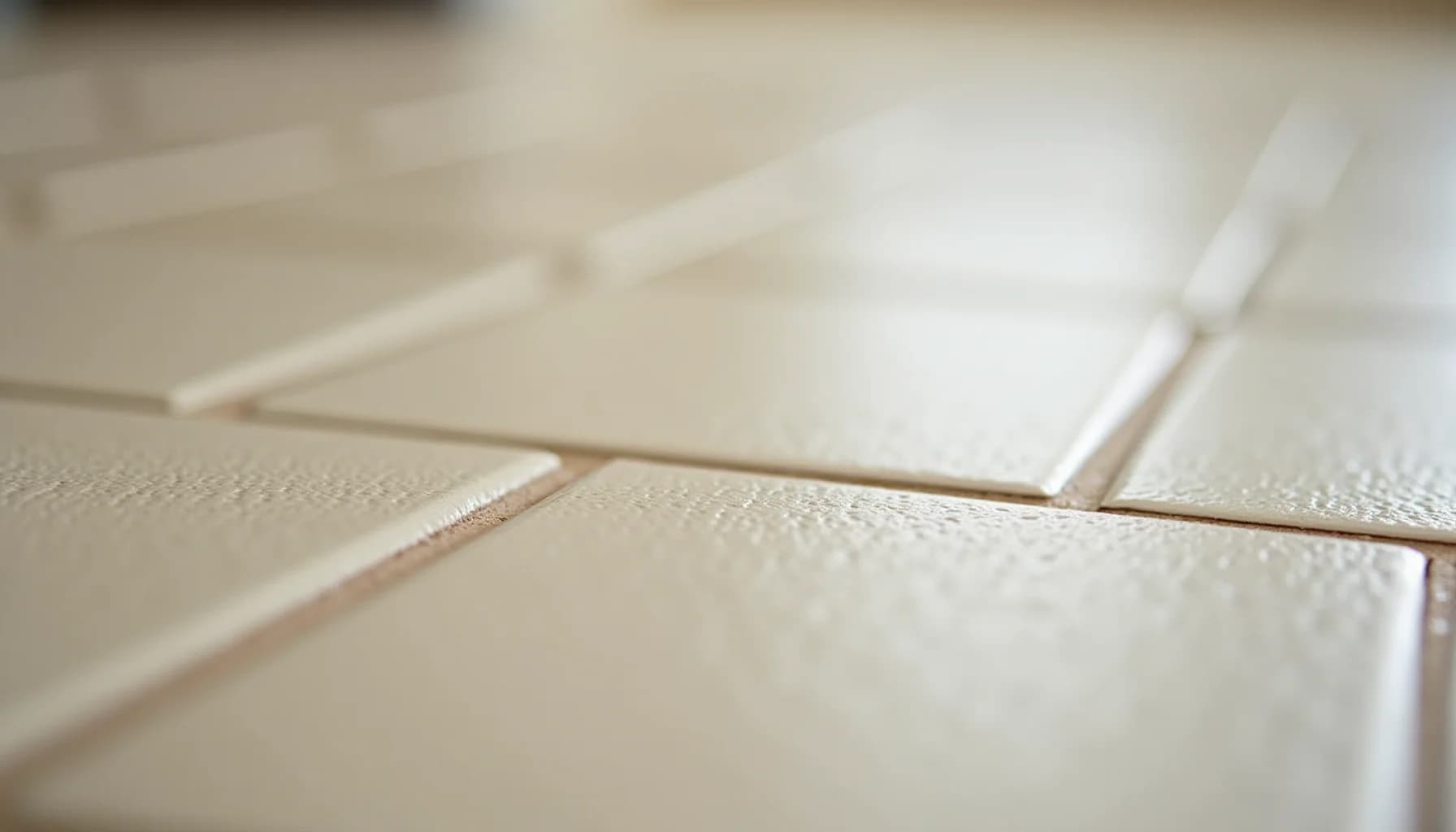 Cream and white ceramic tiles laid at angles with visible grout lines and textured surfaces in close-up view