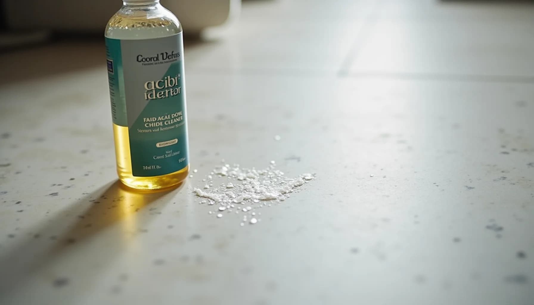 Clear bottle of cleaning solution with green and yellow label beside a small pile of white powder on a light speckled
