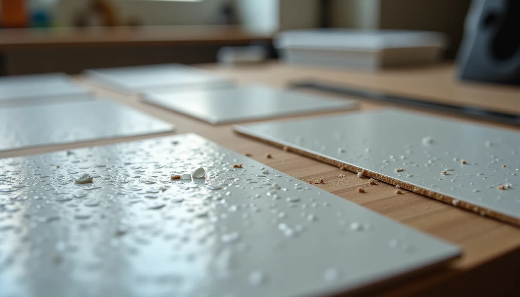 Ceramic and stone tile samples arranged on wooden surface with crumbs and dust, blurred workshop background