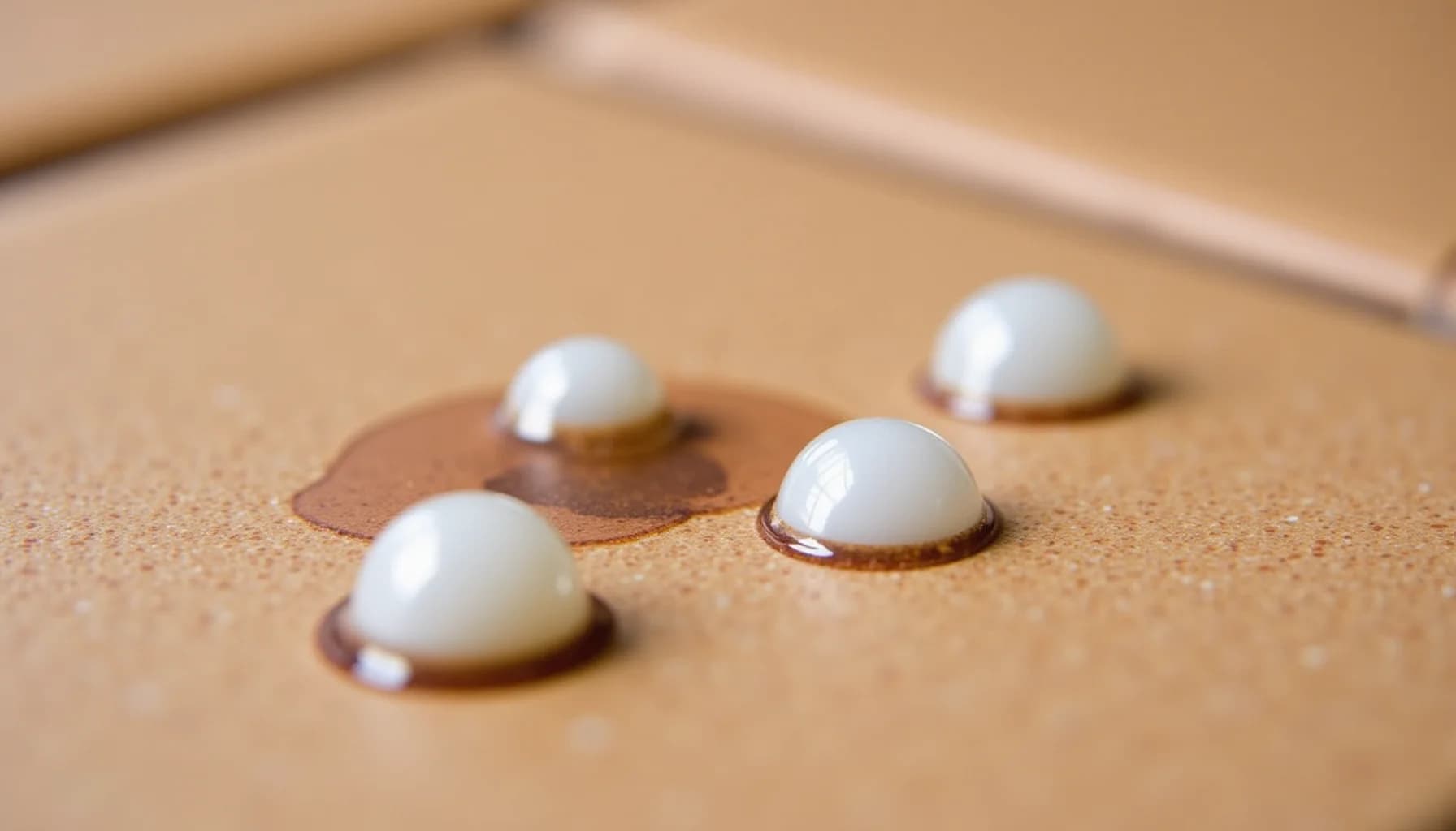 Four spherical water droplets beading on a tan tile surface, demonstrating water repellency