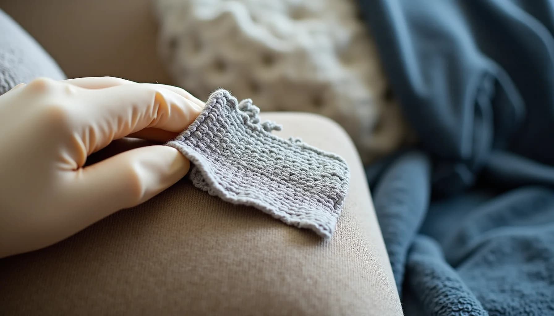 Hand holding a gray knitted fabric swatch over a beige upholstered surface, with blue fabric visible at edge