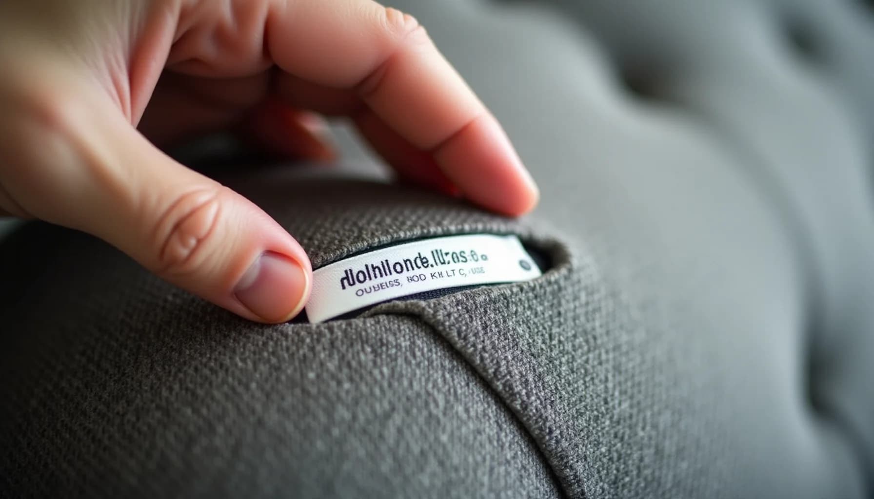 A hand with red nail polish pulls back a gray fabric label on upholstered furniture to reveal a care instruction tag