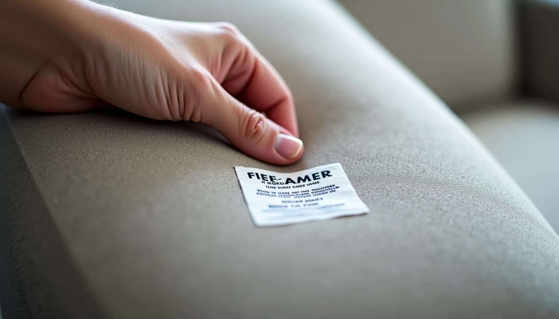 Child's hand resting on gray upholstered surface with a white fabric care label visible, showing text and care symbols