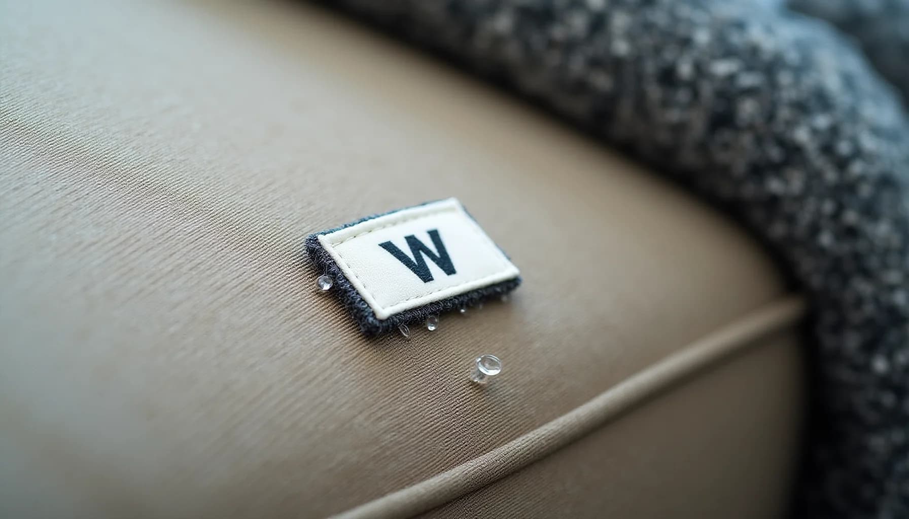 a white fabric care label with black 'W' marking on beige textured upholstery, with water droplets visible