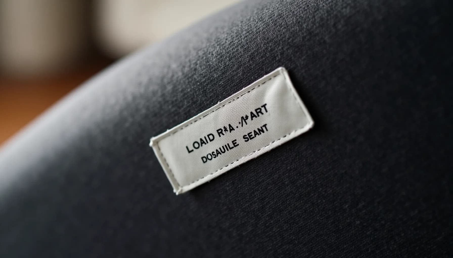White fabric care label sewn onto dark gray upholstery, displaying text about cleaning code and seating instructions