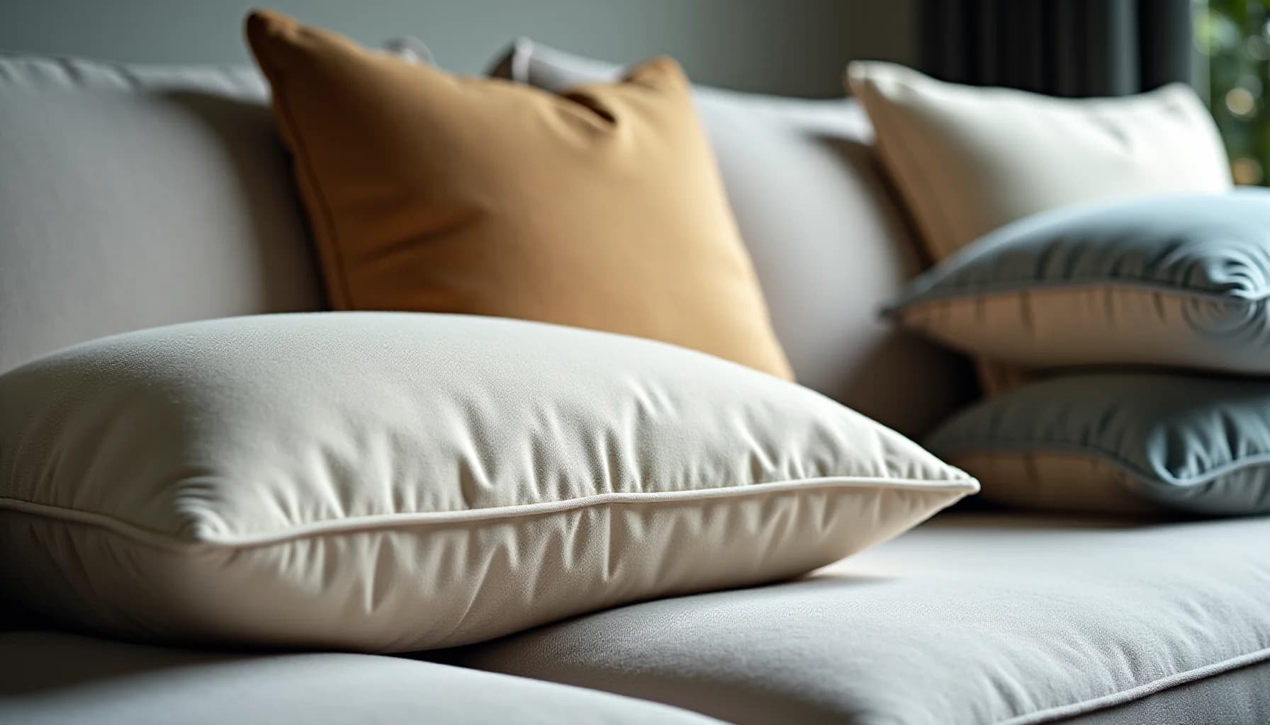 Assorted decorative pillows in white, beige, and grey tones arranged on a light-colored bed or seating surface