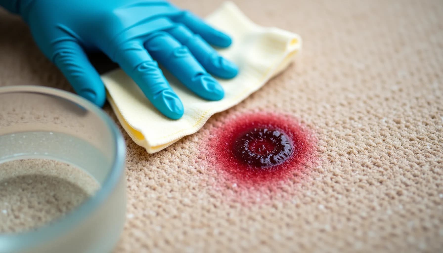 Gloved hand wiping a red blood stain on beige carpet with a white cloth, cleaning supplies visible