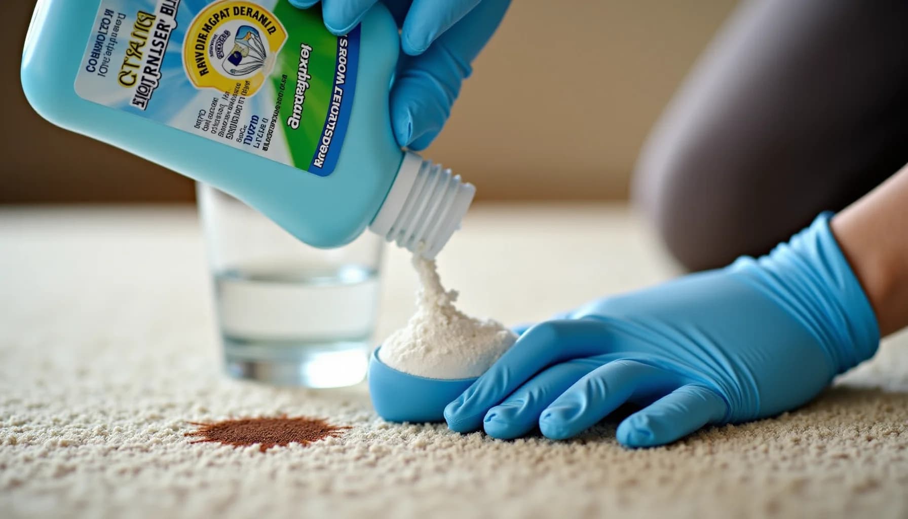 Gloved hands applying white powder cleaning product from a blue bottle to a small brown stain on beige carpet