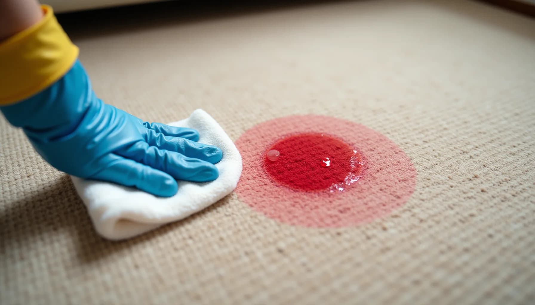 Gloved hand with white cloth cleaning a red stain from beige carpet