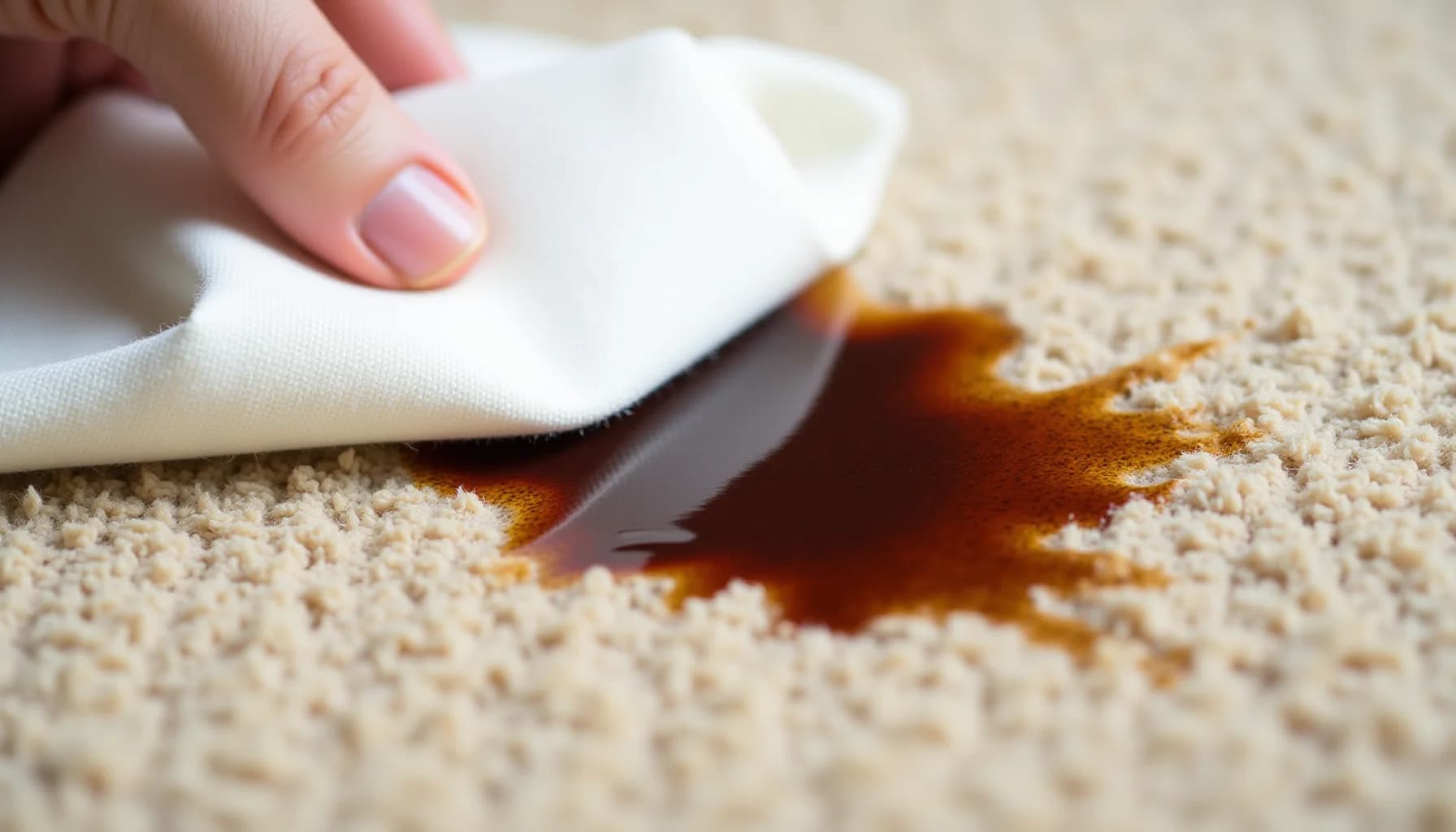 Hand with manicured nails holding white cloth to blot dark brown coffee stain on beige carpet