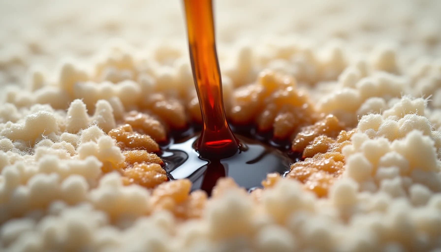 Amber-colored liquid dripping onto white and tan carpet fibers with a dark applicator tool
