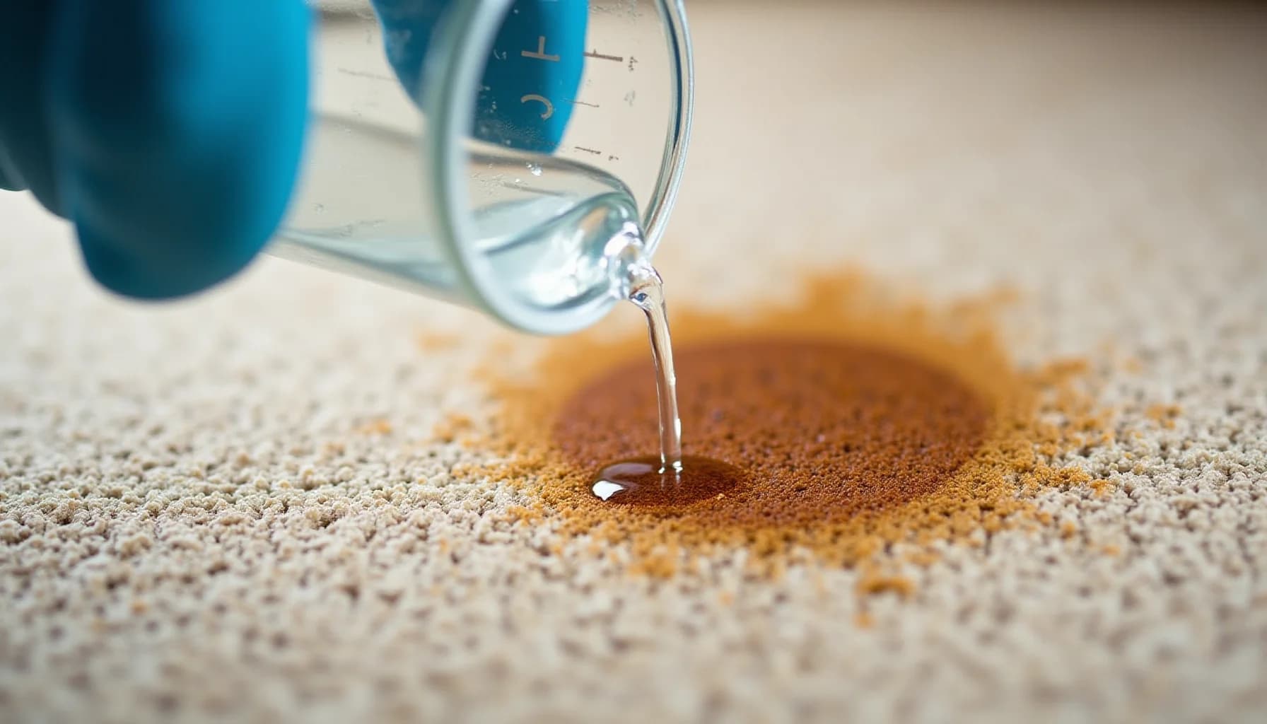 Water drips from a measuring cup onto a coffee stain on beige carpet, with a blue gloved hand visible above