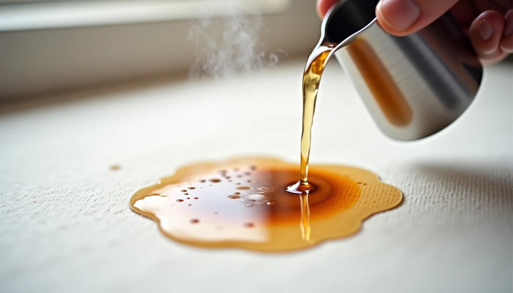 Hand pouring amber-colored liquid from a container onto a brown stain on a white textile surface