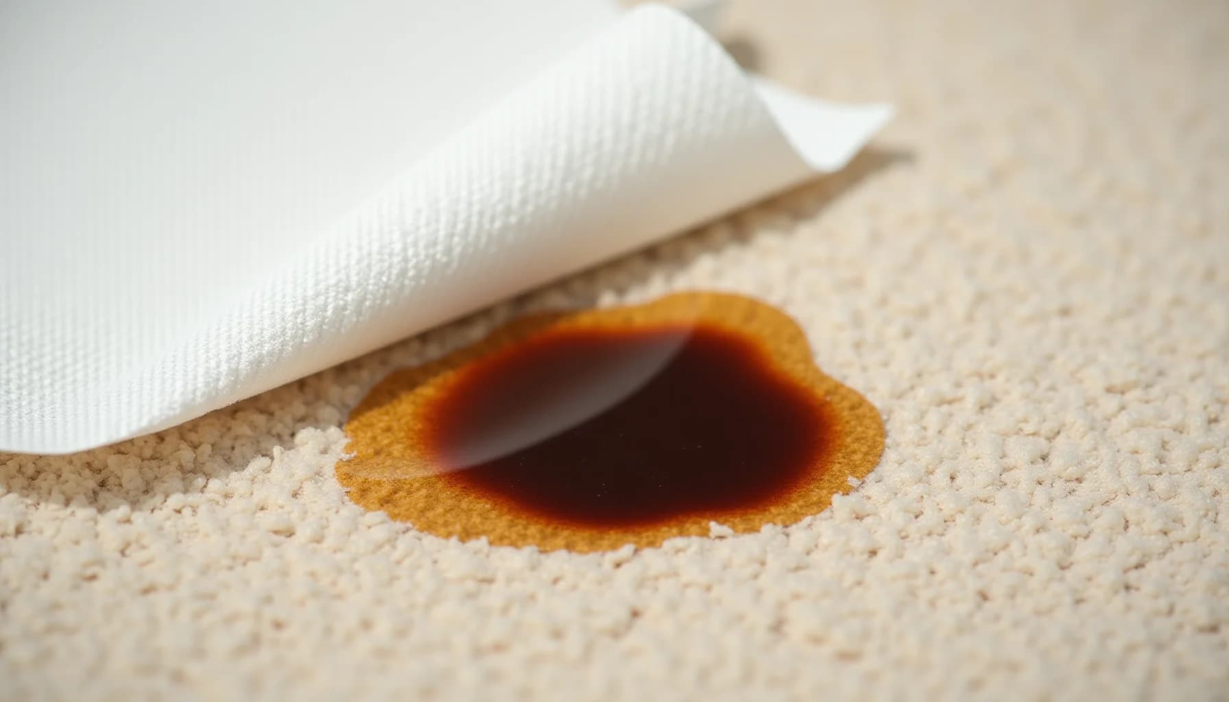 Coffee stain on beige carpet with white paper towel placed over it