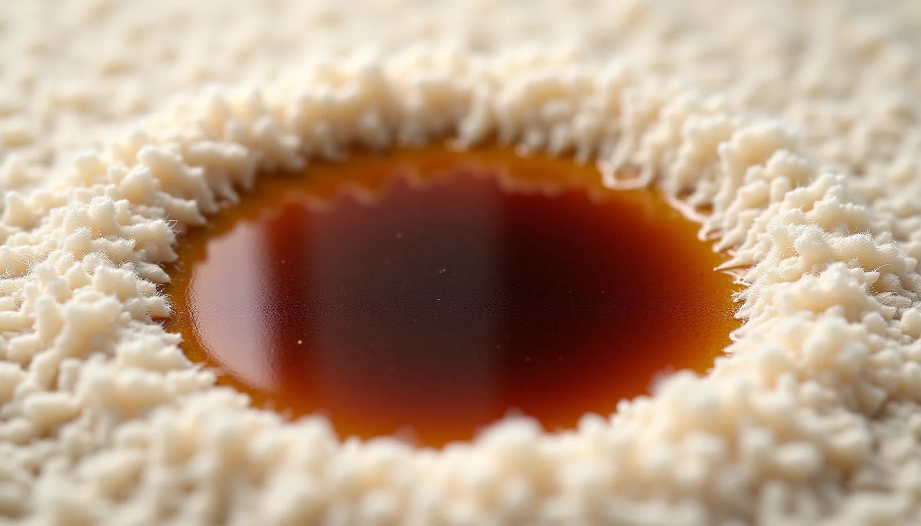 a dark brown coffee stain on light beige carpet fibers