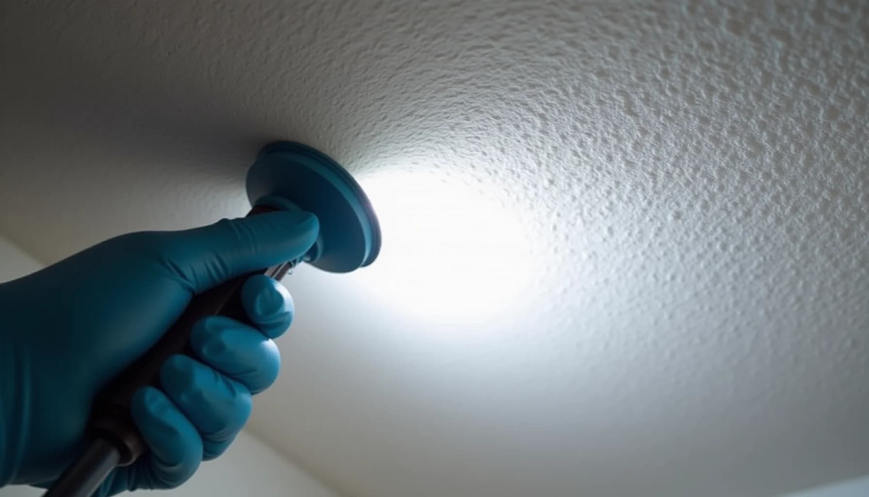 Hand wearing blue latex glove holding a circular cleaning brush against a white textured ceiling