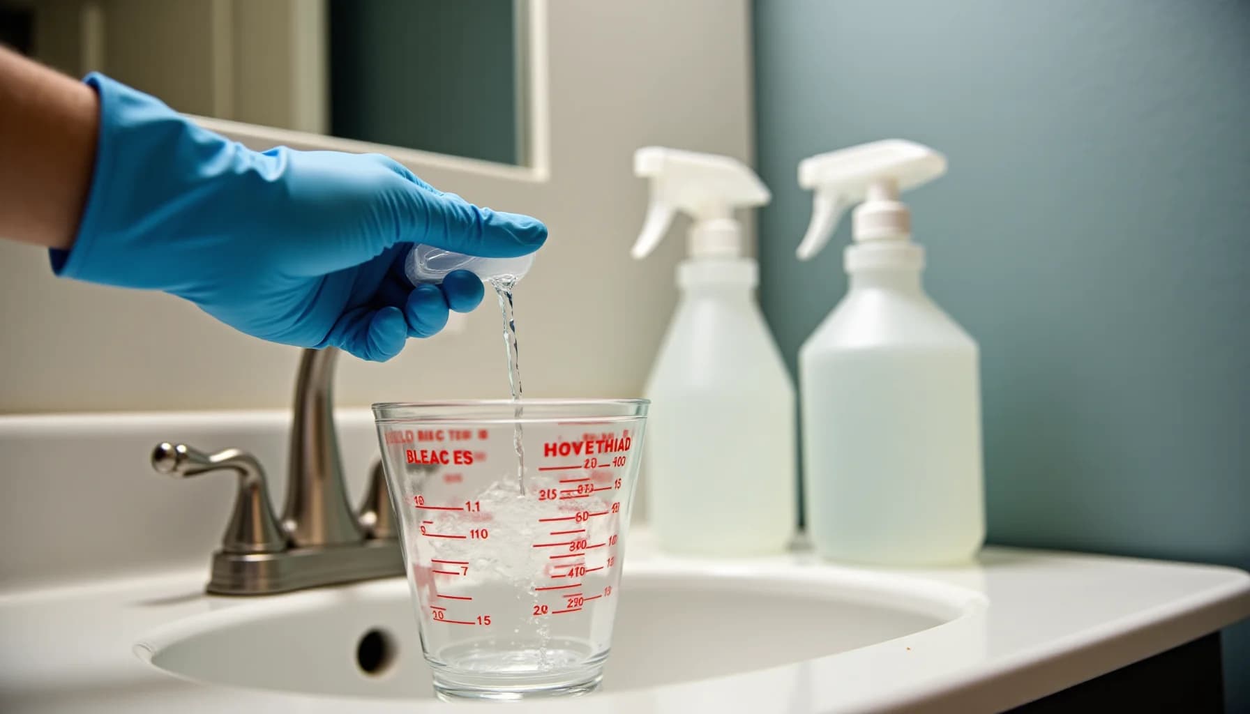 Gloved hand pouring clear liquid into a measuring cup labeled bleach, with spray bottles on a bathroom sink counter