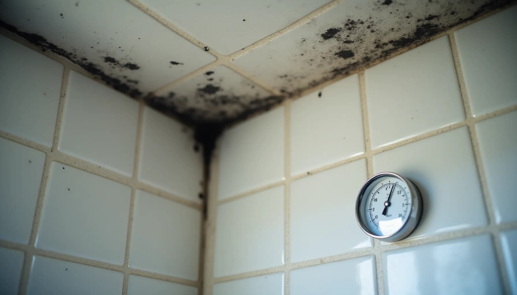 Bathroom ceiling corner with black mold stains and a round wall-mounted thermometer showing temperature reading