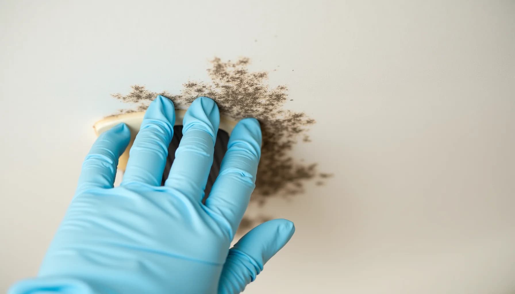Gloved hand holding brown mold spores against a light background