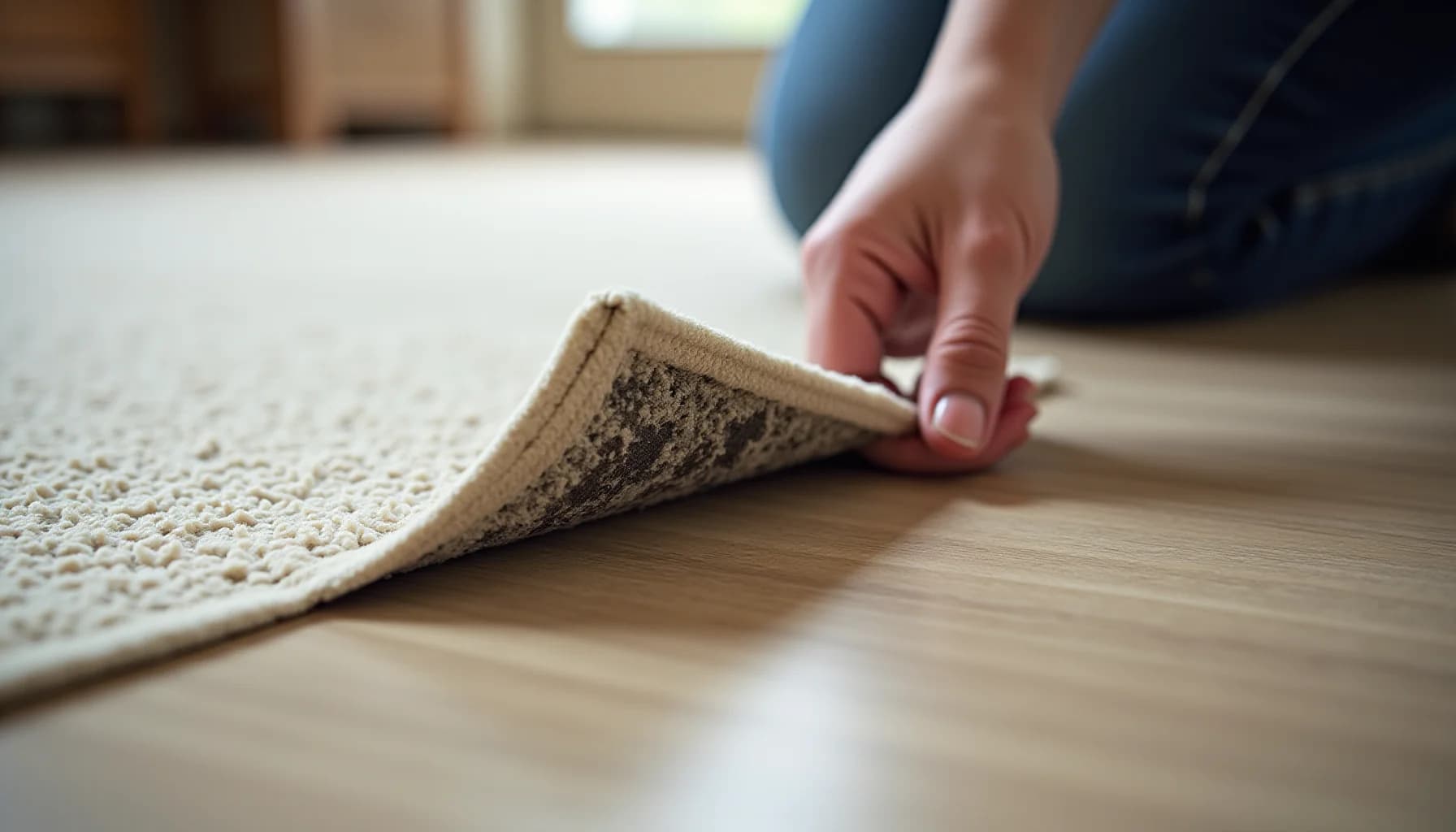 Person's hand lifting corner of cream-colored carpet to reveal dark mold on underside, wooden floor visible beneath