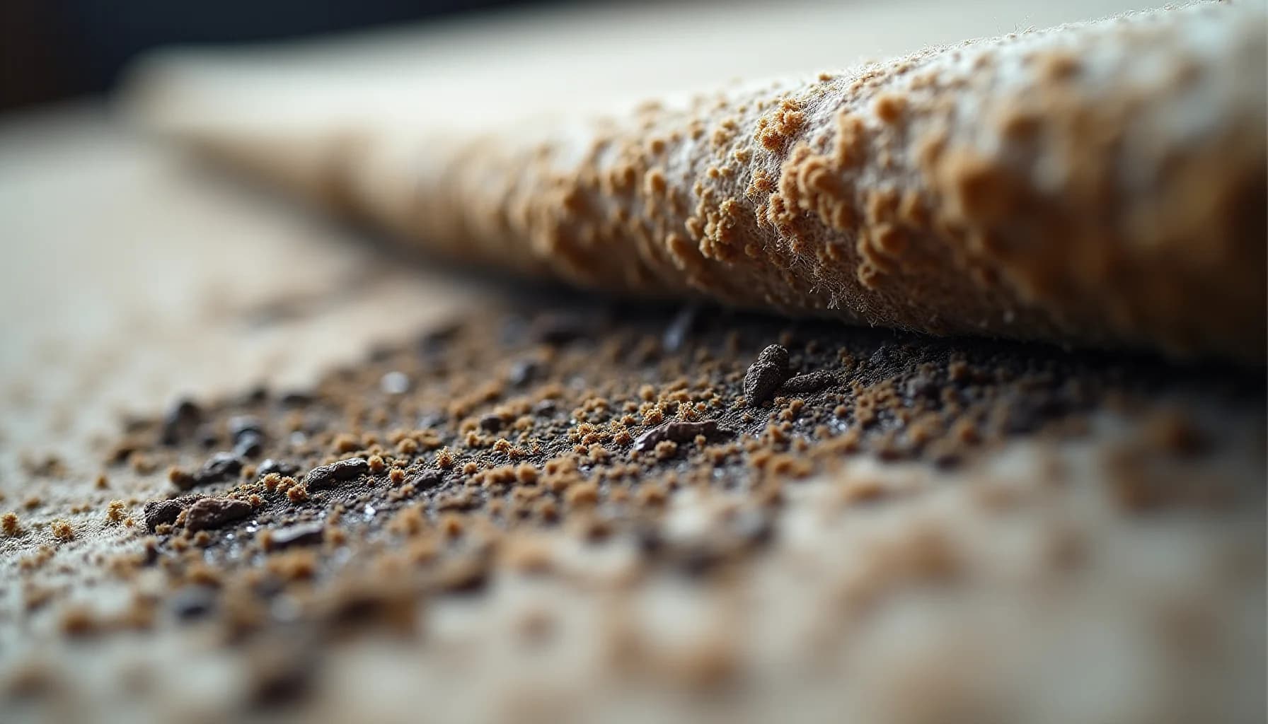 carpet fibers with visible mold growth and discoloration, with a wooden rolling tool positioned above