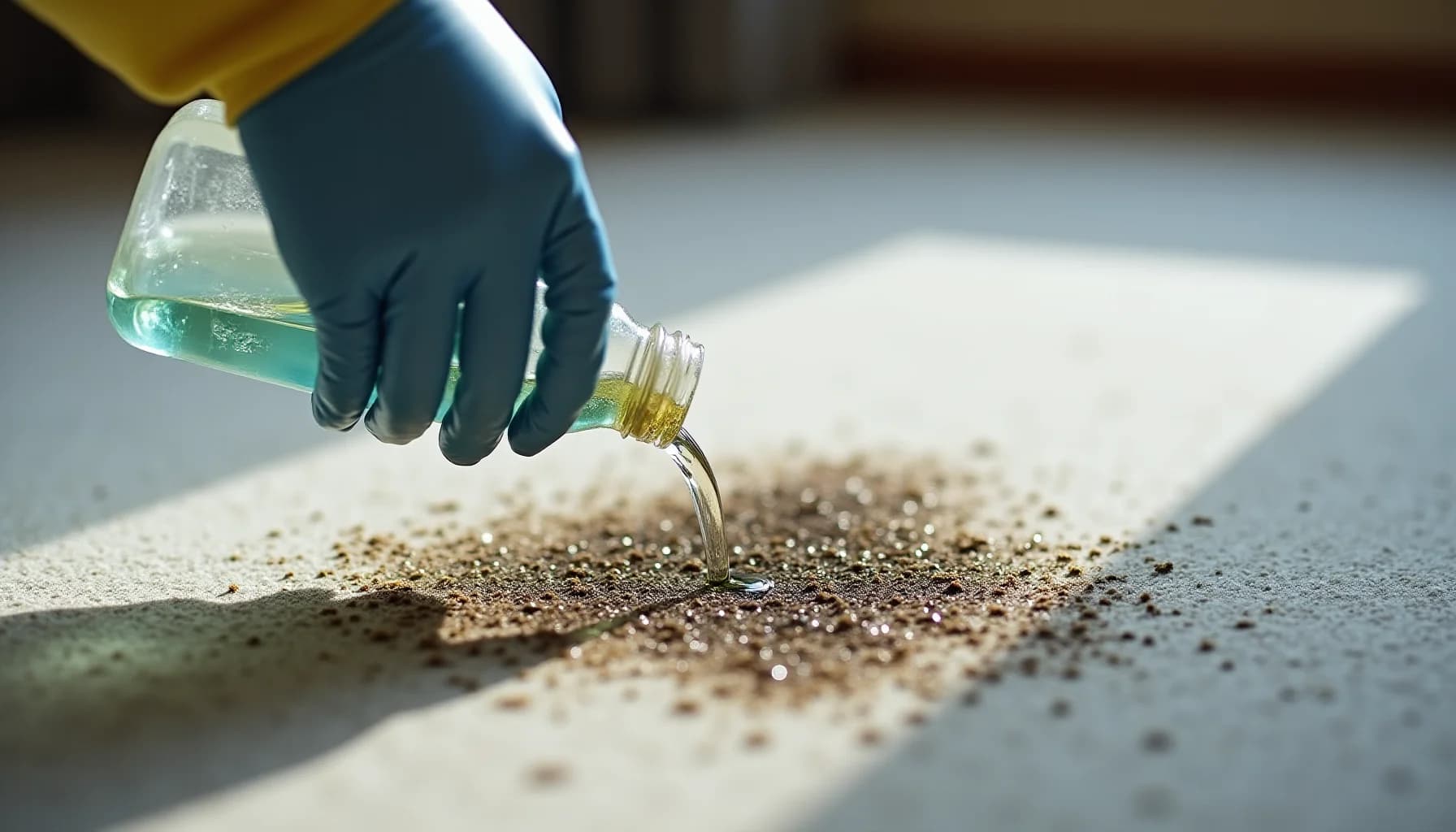 Gloved hand pouring greenish-yellow liquid from a bottle onto dusty carpet surface with scattered particles
