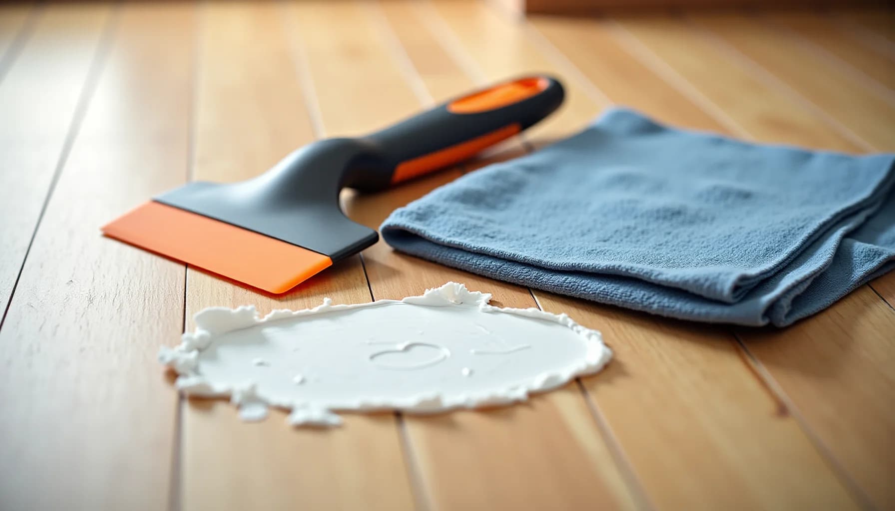 Painting tools and supplies on light wooden floor: putty knife with orange and black handle, blue cloth, scrapers, and