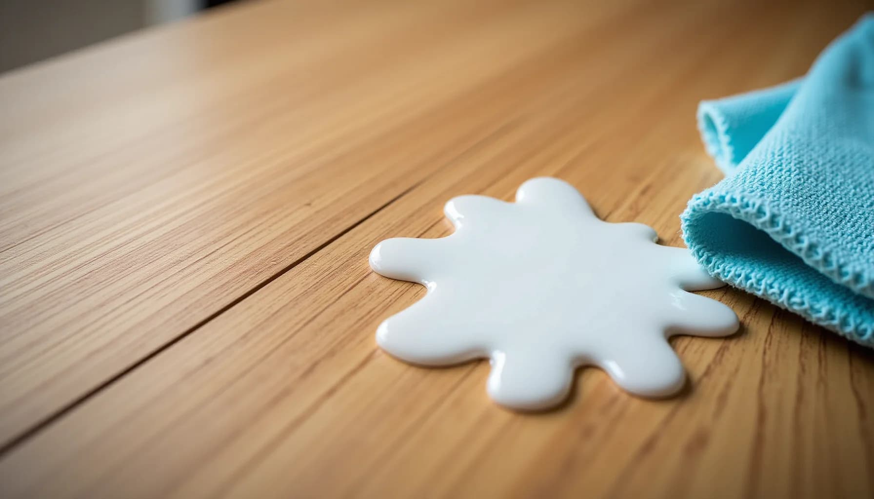 White paint splatter on light wood floor with turquoise microfiber cloth nearby