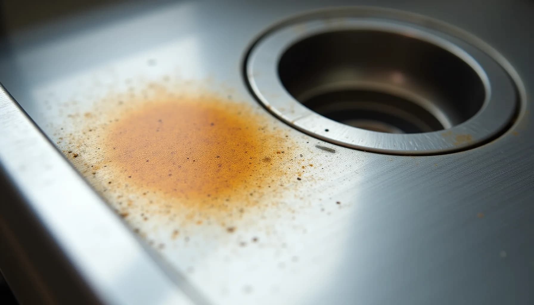 rust stains and discoloration on a white stainless steel surface with a circular metal fixture