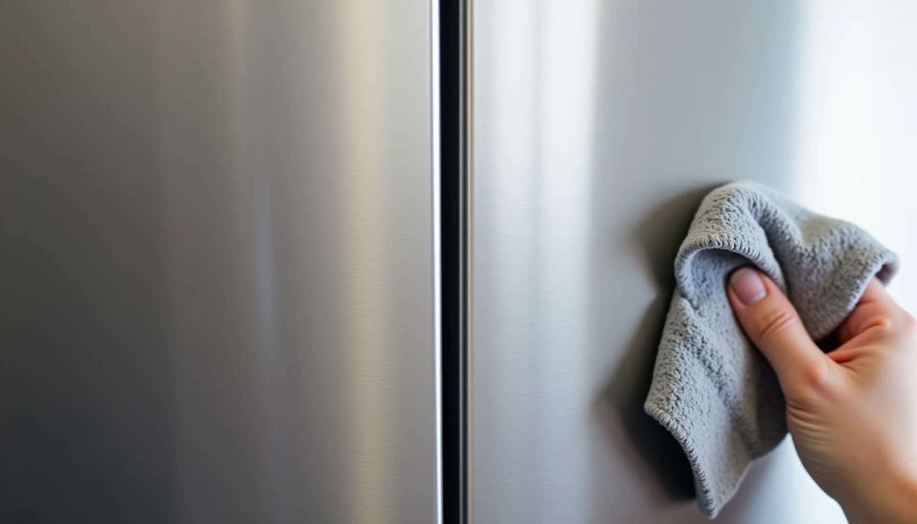 A hand holding a gray microfiber cloth against a brushed stainless steel surface or frame