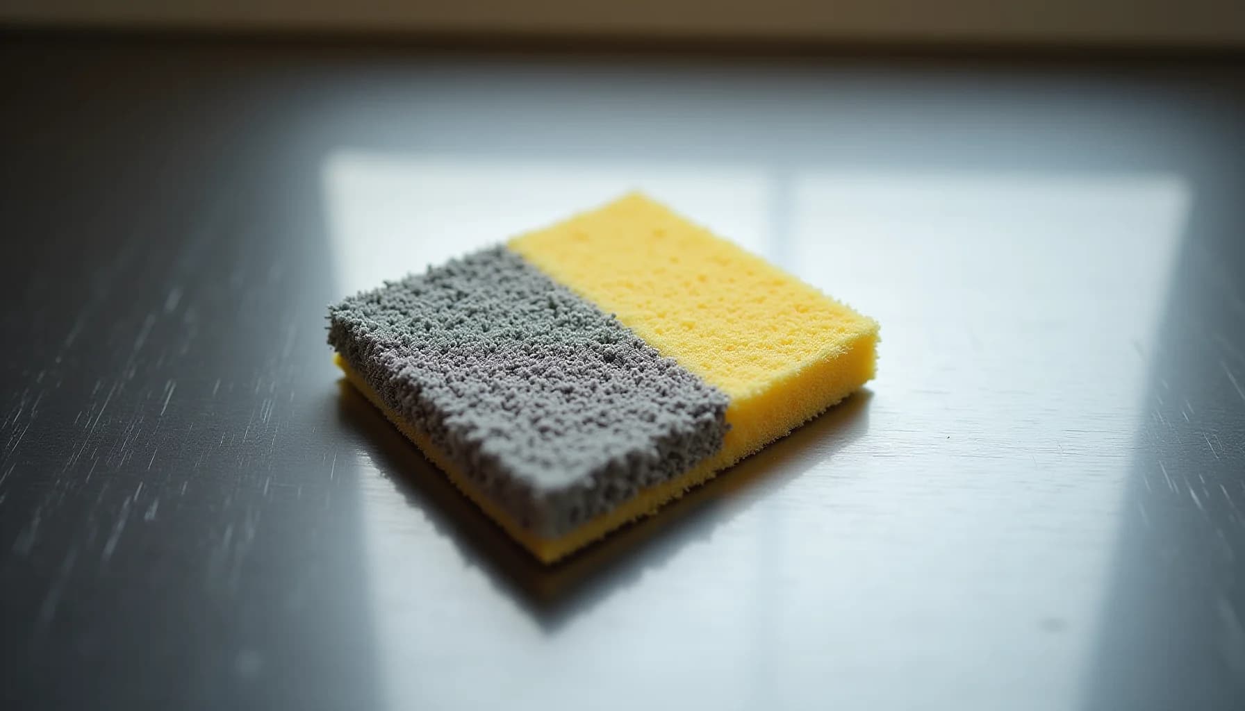 A two-sided cleaning sponge with gray abrasive side and yellow soft side on a white surface