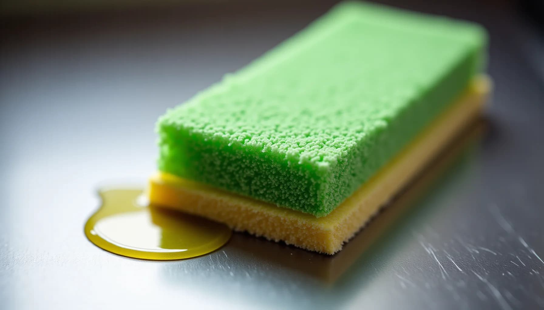 Green foam sponge with yellow backing and liquid droplet on a reflective stainless steel surface