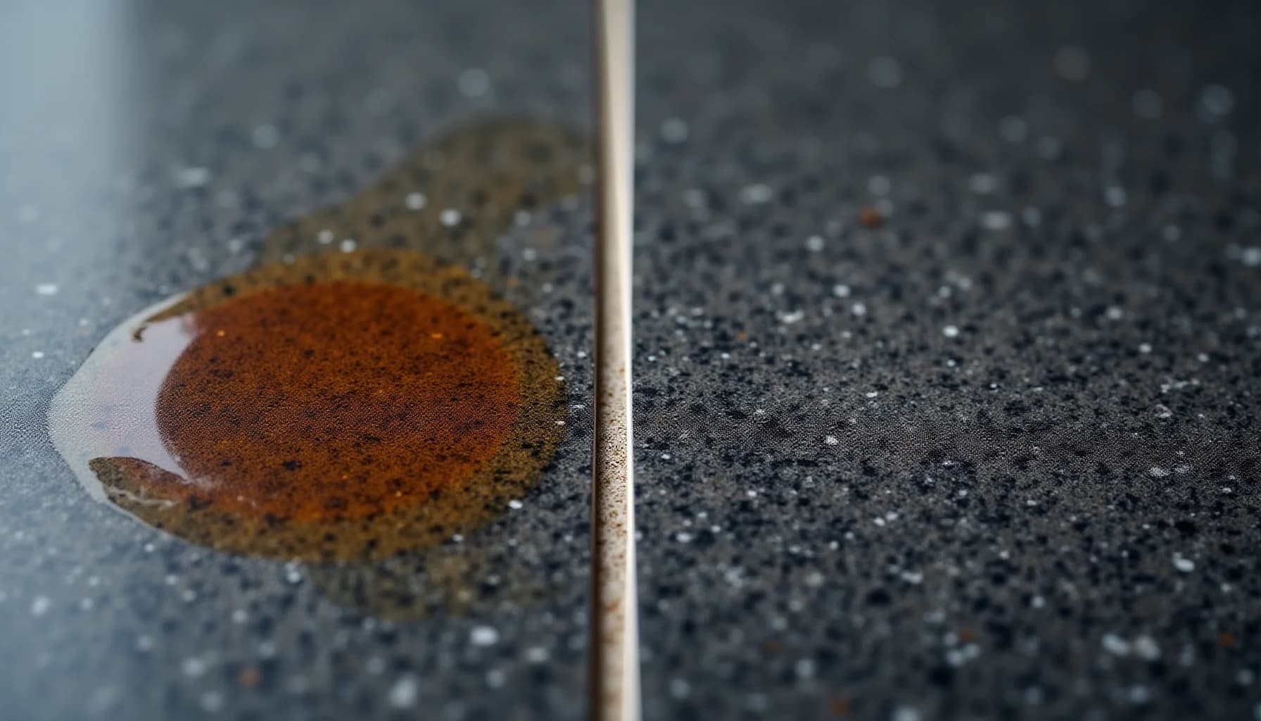 granite countertop with a spoon holding reddish-brown powder over a stain, showing cleaning technique on dark speckled