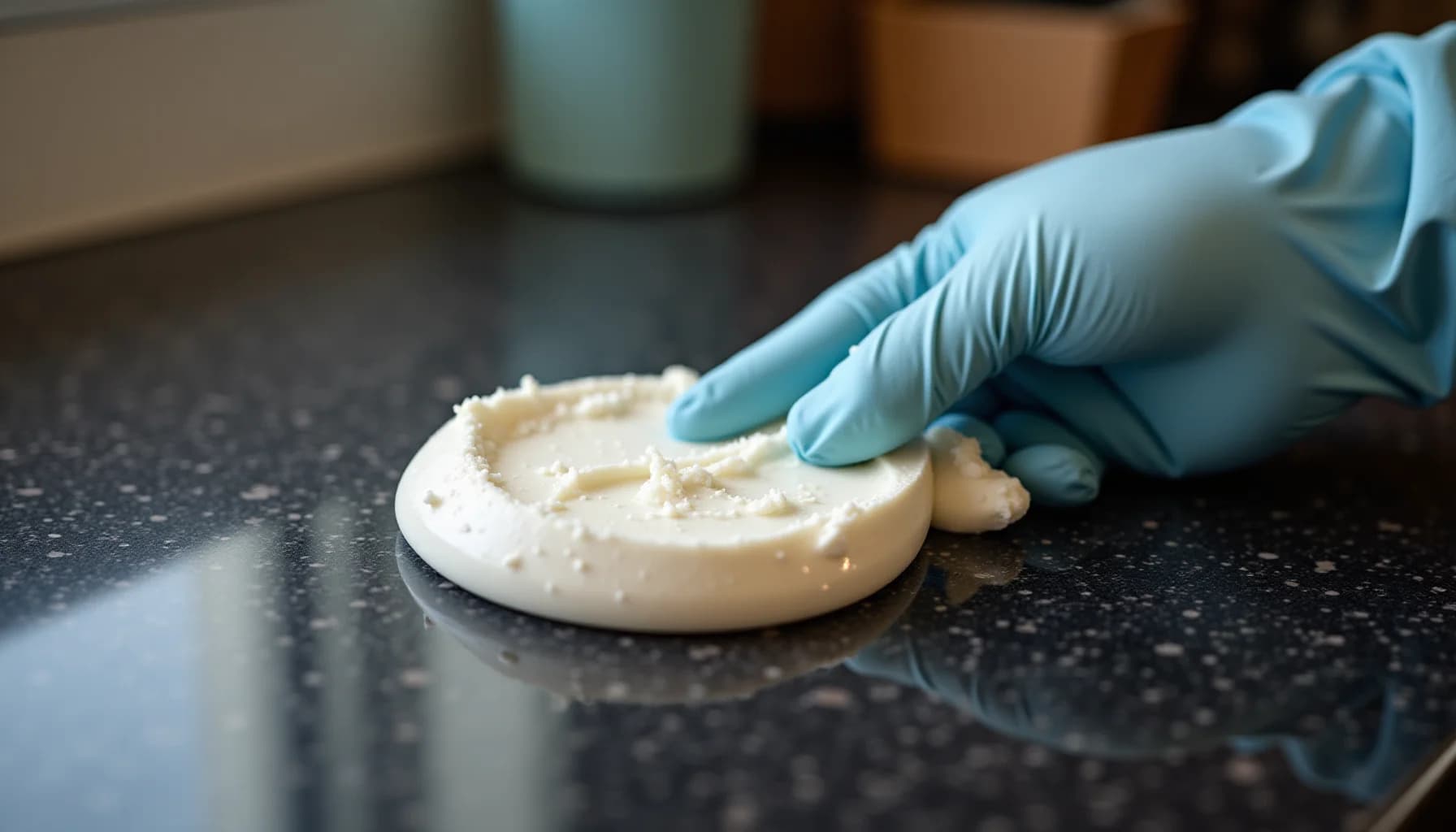Gloved hand applying cream-colored cleaning paste to dark granite countertop with cleaning supplies blurred in