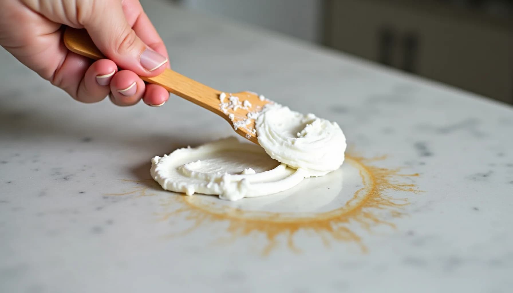 Hand holding wooden brush applying white paste to marble surface with gold-toned liquid residue visible
