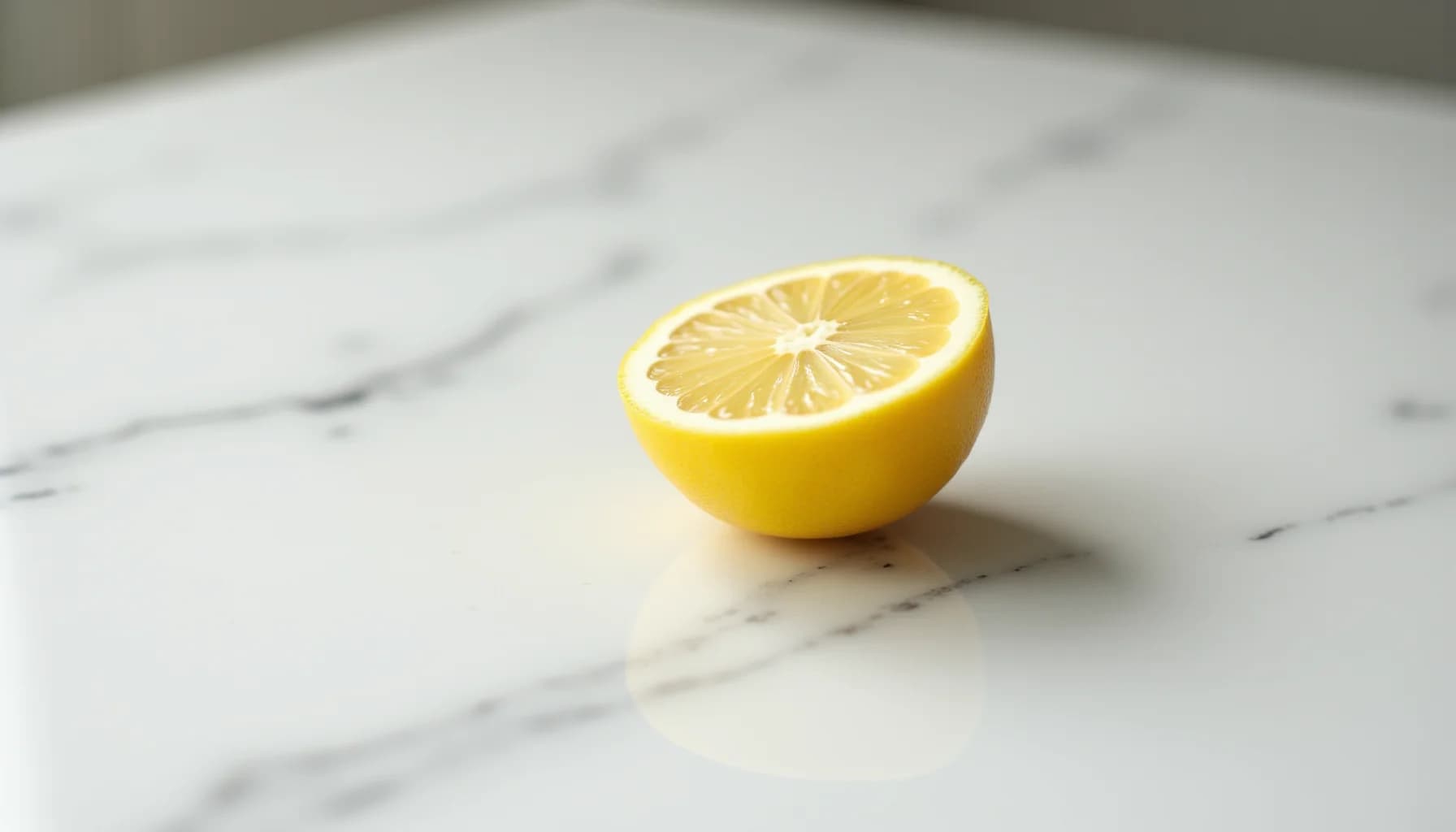 Half a lemon with visible segments and pale yellow flesh on white veined marble surface