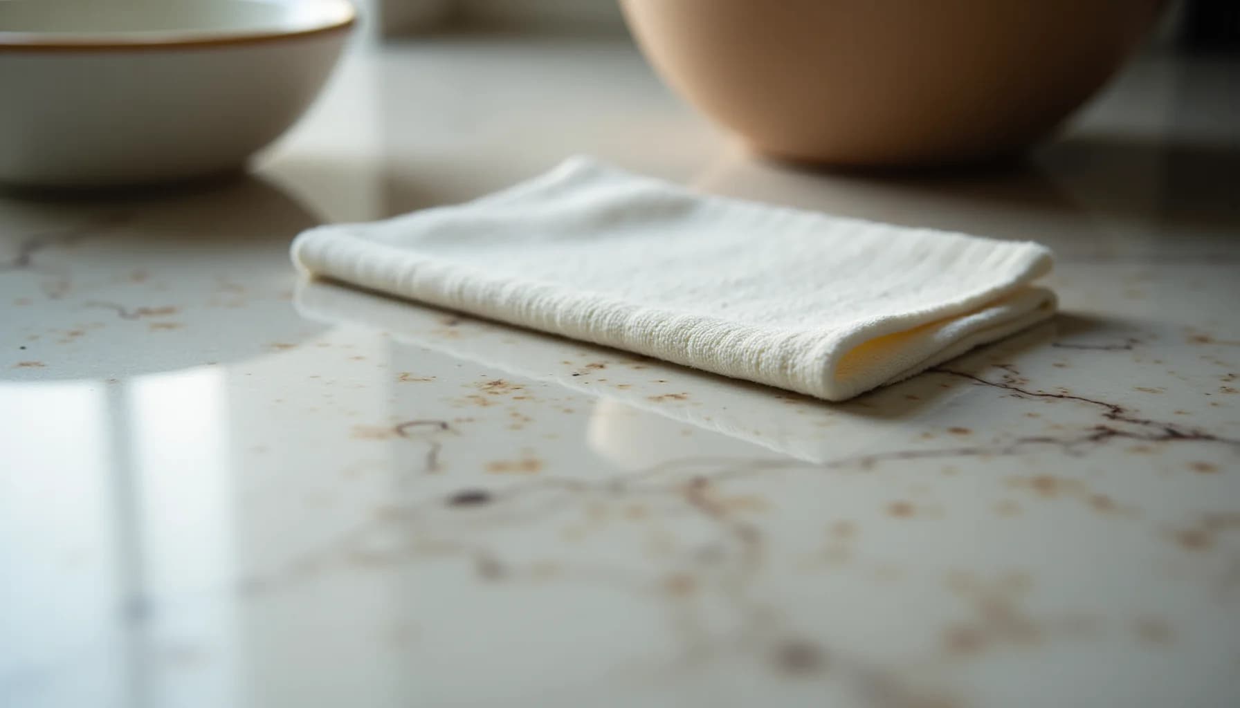 Folded white cloth on speckled marble countertop with ceramic bowls and glass in background
