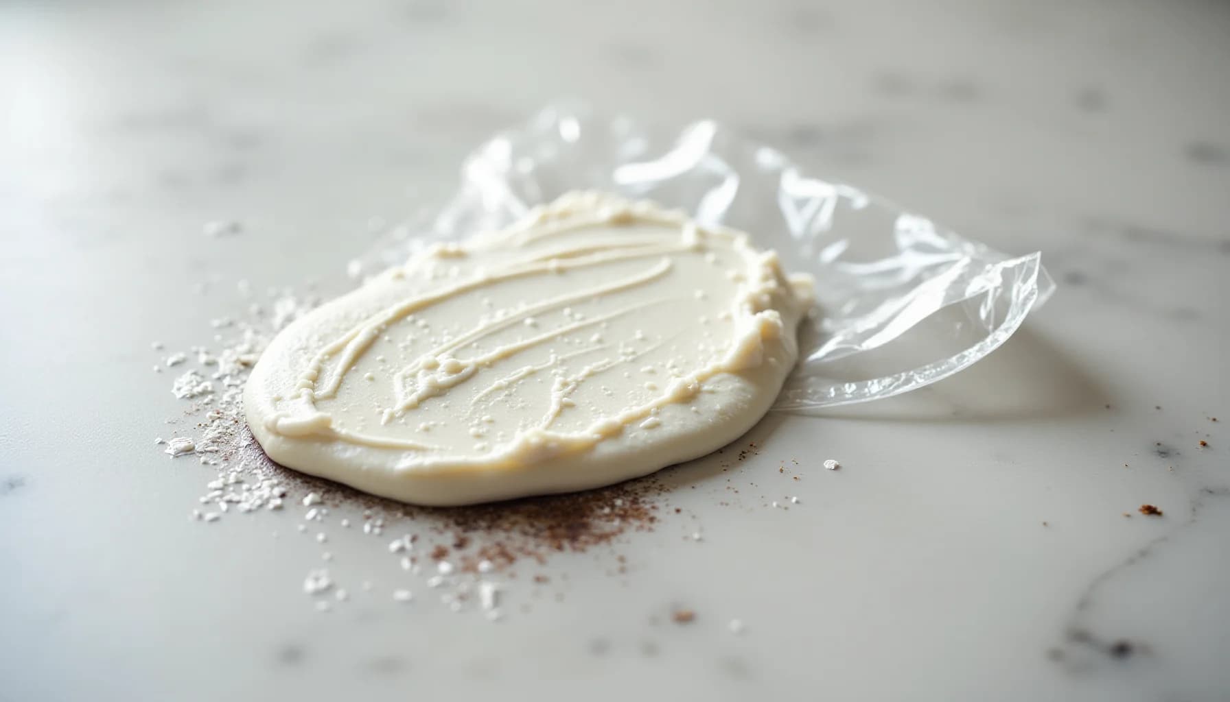 Cream-colored spread on pale marble surface with a plastic knife and scattered crumbs