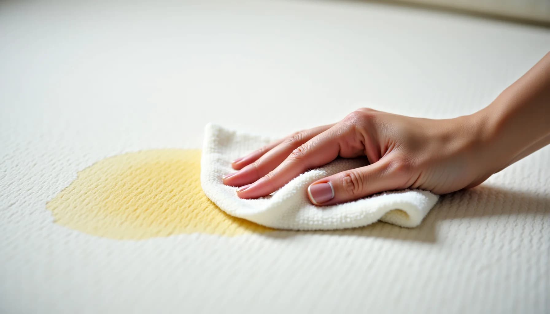 Hand with manicured nails wiping a light-colored mattress surface with a white cloth; yellow liquid stain visible on